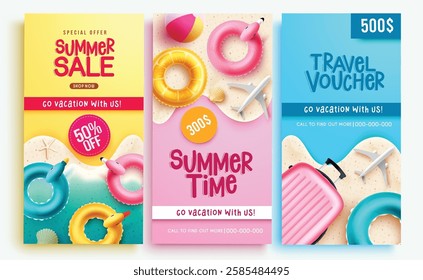 Summer sale vector poster set. Summer time, sale and travel voucher certificate holiday collection. Vector illustration summer poster layout.
