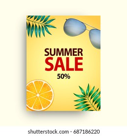 Summer sale vector poster set with 50% off discount text and summer elements in colorful backgrounds for store marketing promotion. Vector illustration.
