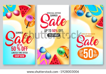 Summer sale vector poster set. Summer sale 50% off shop now text in beach seashore background with elements of tropical season for holiday shopping discount promotion. Vector illustration
