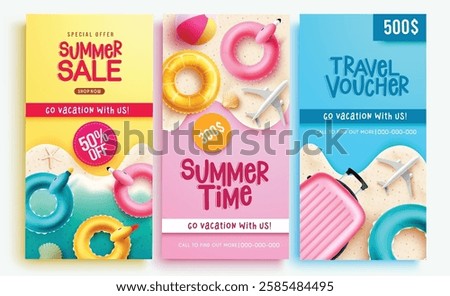 Summer sale vector poster set. Summer time, sale and travel voucher certificate holiday collection. Vector illustration summer poster layout.

