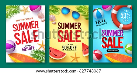 Summer sale vector poster set with 50% off discount text and summer elements in colorful backgrounds for store marketing promotion. Vector illustration. 
