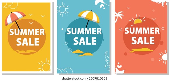 Summer Sale Vector Poster and Social Media Template Set with Beach Theme