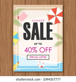 Summer Sale Vector Poster. Special Offer with Beach Background. Promo Marketing, Ad Offer on Shopping. Price, and Label Design 