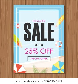 Summer Sale Vector Poster. Special Offer with Beach Background. Promo Marketing, Ad Offer on Shopping. Price, and Label Design 