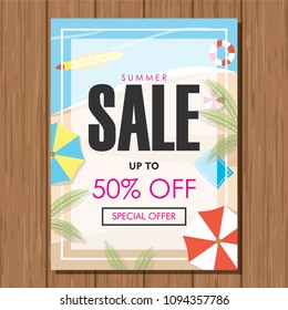 Summer Sale Vector Poster. Special Offer with Beach Background. Promo Marketing, Ad Offer on Shopping. Price, and Label Design 