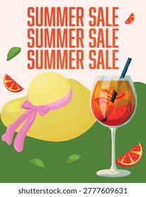 Summer Sale Vector Poster Template with Cold Cocktail Drink, Sun Hat and Fresh Orange Slices for Seasonal Promotion and Marketing Advertisement
