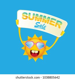 summer sale vector poster or web banner. summer happy sun character holding sign or banner with special offer sale text isolated on white background