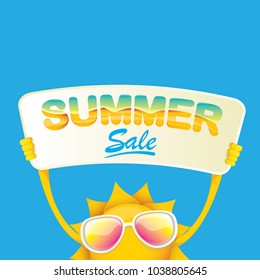 summer sale vector poster or web banner. summer happy sun character holding sign or banner with special offer sale text isolated on white background