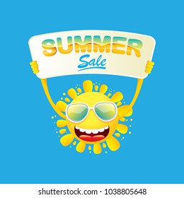 summer sale vector poster or web banner. summer happy sun character holding sign or banner with special offer sale text isolated on white background