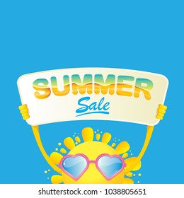 summer sale vector poster or web banner. summer happy sun character holding sign or banner with special offer sale text isolated on white background