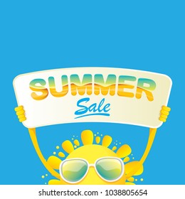 summer sale vector poster or web banner. summer happy sun character holding sign or banner with special offer sale text isolated on white background