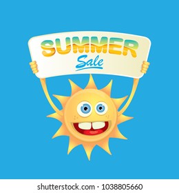 summer sale vector poster or web banner. summer happy sun character holding sign or banner with special offer sale text isolated on white background