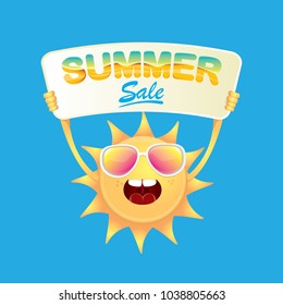 summer sale vector poster or web banner. summer happy sun character holding sign or banner with special offer sale text isolated on white background