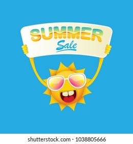 summer sale vector poster or web banner. summer happy sun character holding sign or banner with special offer sale text isolated on white background