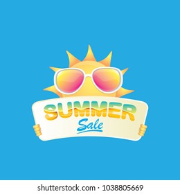 summer sale vector poster or web banner. summer happy sun character holding sign or banner with special offer sale text isolated on white background