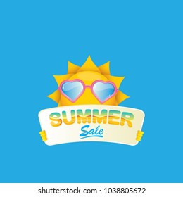 summer sale vector poster or web banner. summer happy sun character holding sign or banner with special offer sale text isolated on white background