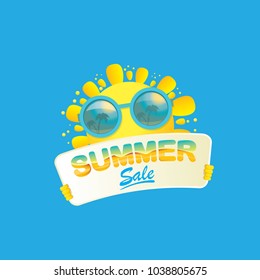 summer sale vector poster or web banner. summer happy sun character holding sign or banner with special offer sale text isolated on white background