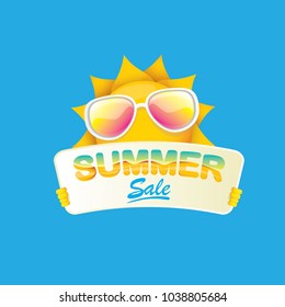 summer sale vector poster or web banner. summer happy sun character holding sign or banner with special offer sale text isolated on white background