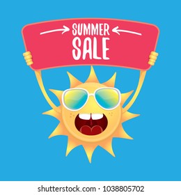summer sale vector poster or web banner. summer happy sun character holding sign or banner with special offer sale text isolated on white background