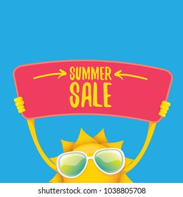 summer sale vector poster or web banner. summer happy sun character holding sign or banner with special offer sale text isolated on white background