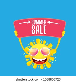 summer sale vector poster or web banner. summer happy sun character holding sign or banner with special offer sale text isolated on white background