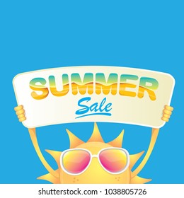 summer sale vector poster or web banner. summer happy sun character holding sign or banner with special offer sale text isolated on white background