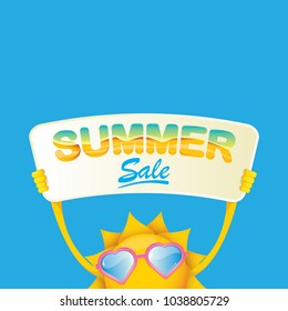 summer sale vector poster or web banner. summer happy sun character holding sign or banner with special offer sale text isolated on white background