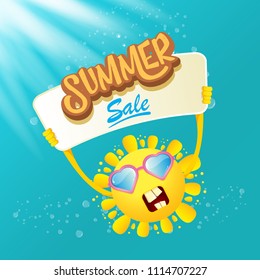 summer sale vector poster or web banner. summer happy sun character holding sign or banner with special offer sale text on azure water background with lights