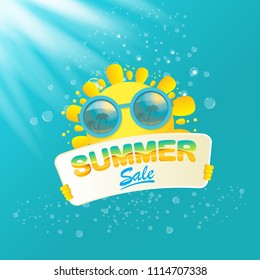 summer sale vector poster or web banner. summer happy sun character holding sign or banner with special offer sale text on azure water background with lights