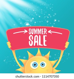 summer sale vector poster or web banner. summer happy sun character holding sign or banner with special offer sale text on azure water background with lights