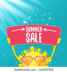summer sale vector poster or web banner. summer happy sun character holding sign or banner with special offer sale text on azure water background with lights