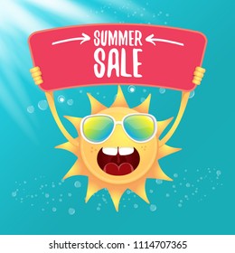 summer sale vector poster or web banner. summer happy sun character holding sign or banner with special offer sale text on azure water background with lights