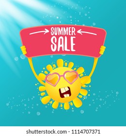 summer sale vector poster or web banner. summer happy sun character holding sign or banner with special offer sale text on azure water background with lights