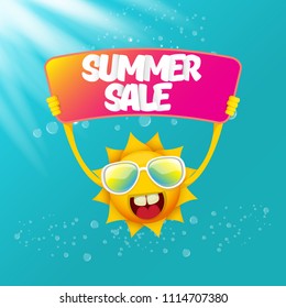 summer sale vector poster or web banner. summer happy sun character holding sign or banner with special offer sale text on azure water background with lights