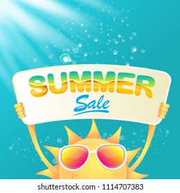 summer sale vector poster or web banner. summer happy sun character holding sign or banner with special offer sale text on azure water background with lights