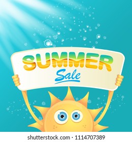summer sale vector poster or web banner. summer happy sun character holding sign or banner with special offer sale text on azure water background with lights