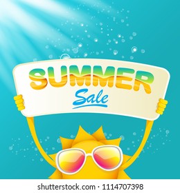 summer sale vector poster or web banner. summer happy sun character holding sign or banner with special offer sale text on azure water background with lights