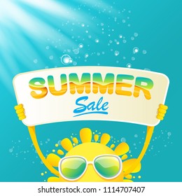 summer sale vector poster or web banner. summer happy sun character holding sign or banner with special offer sale text on azure water background with lights