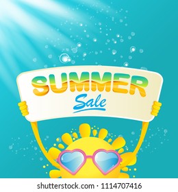 summer sale vector poster or web banner. summer happy sun character holding sign or banner with special offer sale text on azure water background with lights