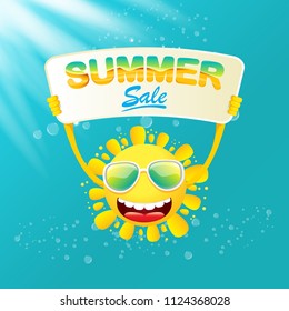 summer sale vector poster or web banner. summer happy sun character holding sign or banner with special offer sale text on azure water background with lights