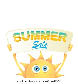 summer sale vector poster or web banner. summer happy sun character holding sign or banner with special offer sale text isolated on white background