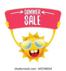 summer sale vector poster or web banner. summer happy sun character holding sign or banner with special offer sale text isolated on white background