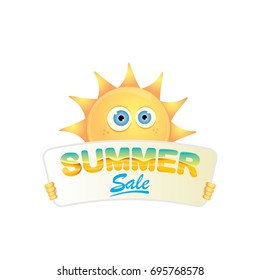 summer sale vector poster or web banner. summer happy sun character holding sign or banner with special offer sale text isolated on white background