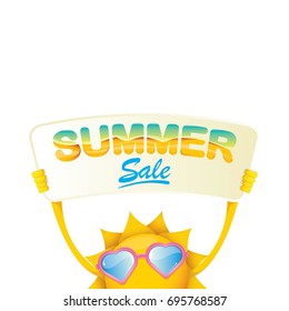 summer sale vector poster or web banner. summer happy sun character holding sign or banner with special offer sale text isolated on white background