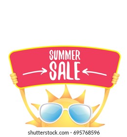summer sale vector poster or web banner. summer happy sun character holding sign or banner with special offer sale text isolated on white background