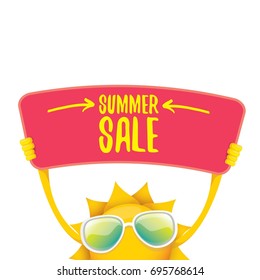 summer sale vector poster or web banner. summer happy sun character holding sign or banner with special offer sale text isolated on white background