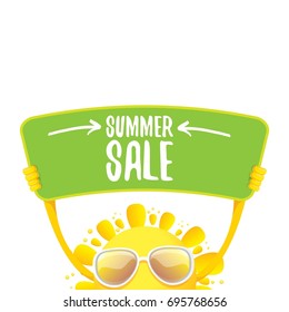 summer sale vector poster or web banner. summer happy sun character holding sign or banner with special offer sale text isolated on white background