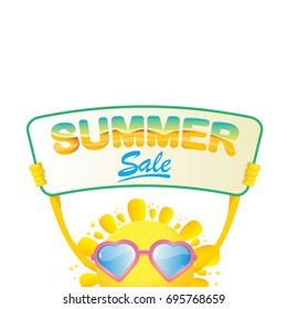 summer sale vector poster or web banner. summer happy sun character holding sign or banner with special offer sale text isolated on white background