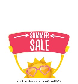 summer sale vector poster or web banner. summer happy sun character holding sign or banner with special offer sale text isolated on white background