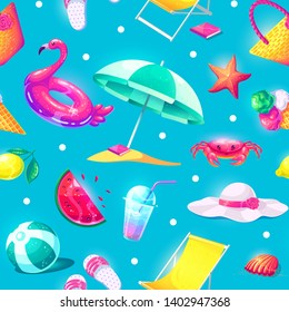 Summer sale vector seamless background. Colorful beach elements in cartoon style. Vector illustration.
